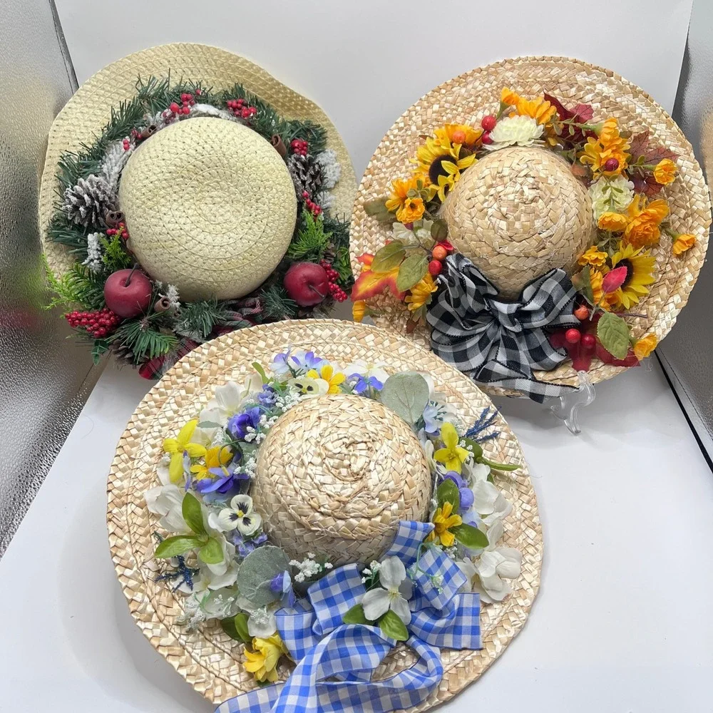 Set of 3 Seasonal Straw Hat Wreaths Floral Wall Decor Hanging Front Door Decor